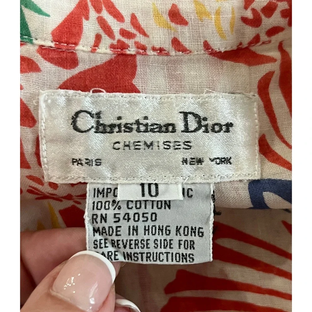 Christian Dior Chemises Vintage Tropical Floral Cotton Button Down Shirt Red 10 - Picture 6 of 6